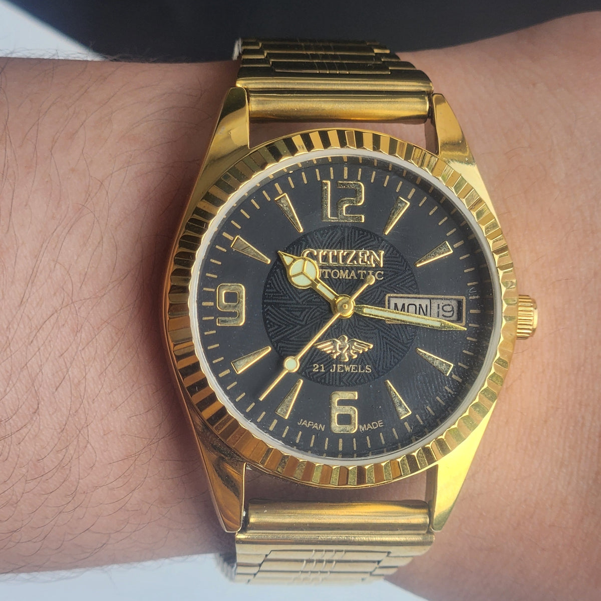 Vintage MOD Citizen Black Face Automatic 21 Jewels Cal. 8200 35MM Fix Bezel Gold Plated Men's Wrist Watch I92