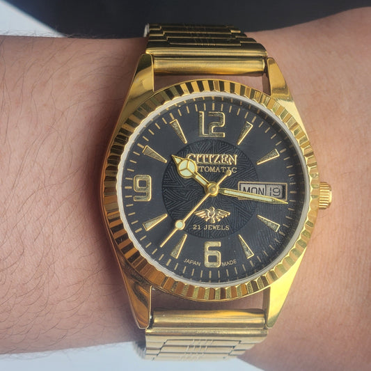 Vintage MOD Citizen Black Face Automatic 21 Jewels Cal. 8200 35MM Fix Bezel Gold Plated Men's Wrist Watch I92