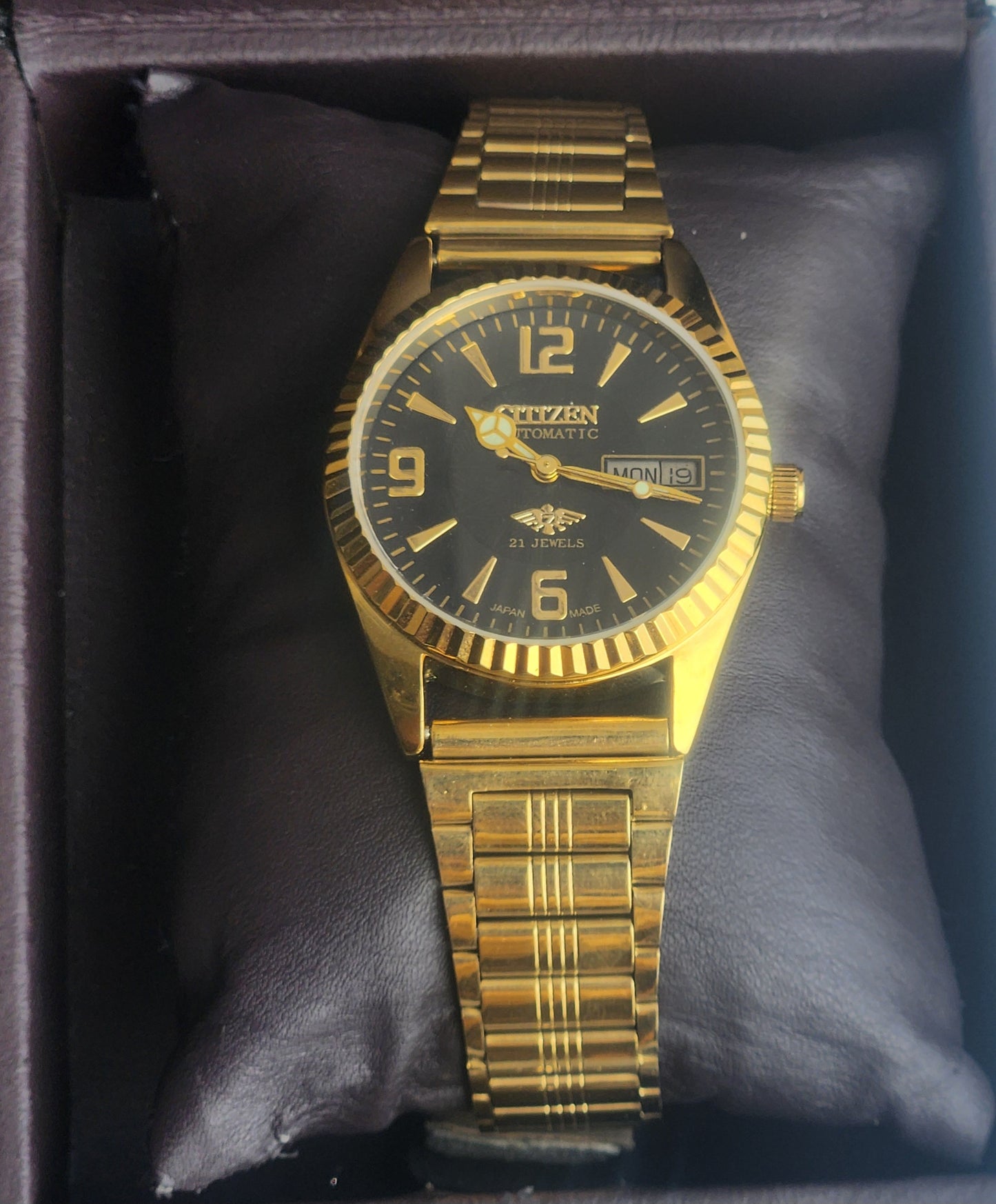 Vintage MOD Citizen Black Face Automatic 21 Jewels Cal. 8200 35MM Fix Bezel Gold Plated Men's Wrist Watch I92