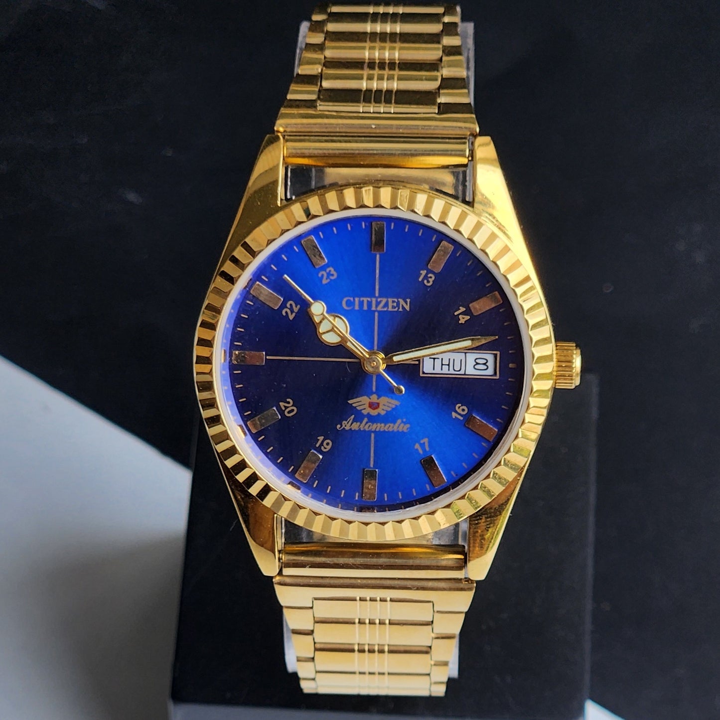 Vintage MOD Citizen Blue Face Automatic 21 Jewels Cal. 8200 35MM Fix Bezel Gold Plated Men's Wrist Watch I93