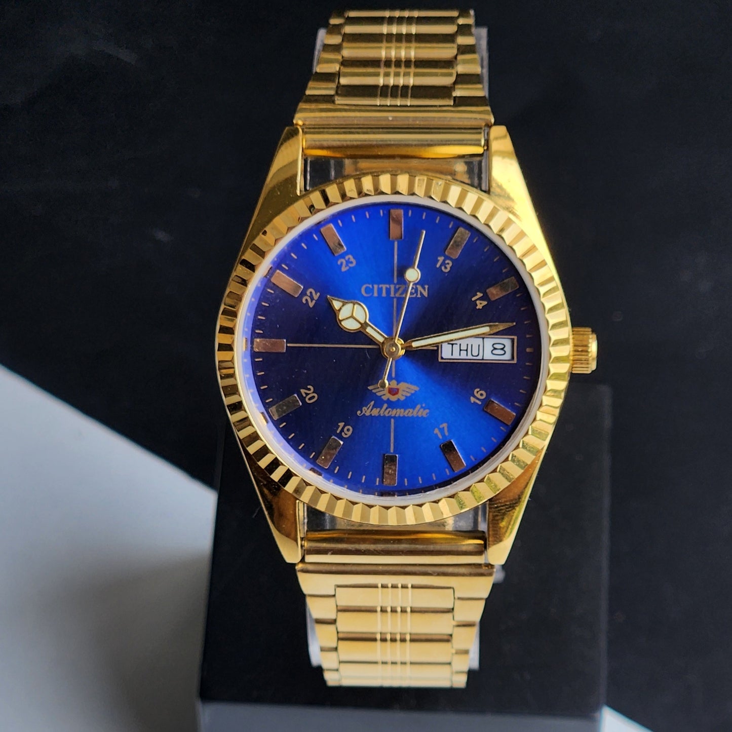 Vintage MOD Citizen Blue Face Automatic 21 Jewels Cal. 8200 35MM Fix Bezel Gold Plated Men's Wrist Watch I93