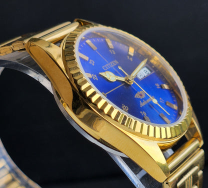 Vintage MOD Citizen Blue Face Automatic 21 Jewels Cal. 8200 35MM Fix Bezel Gold Plated Men's Wrist Watch I93