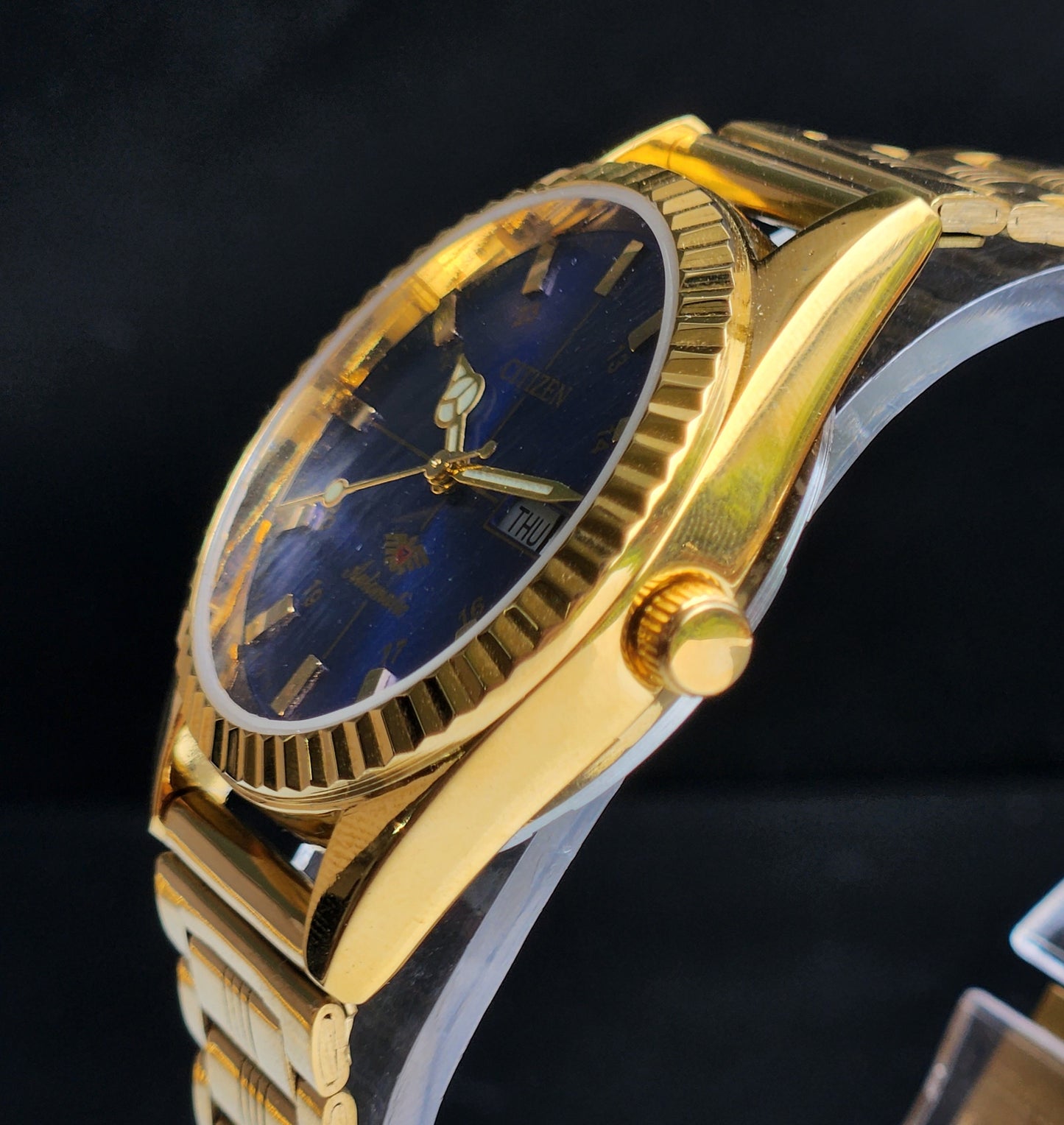 Vintage MOD Citizen Blue Face Automatic 21 Jewels Cal. 8200 35MM Fix Bezel Gold Plated Men's Wrist Watch I93