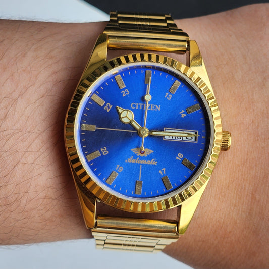Vintage MOD Citizen Blue Face Automatic 21 Jewels Cal. 8200 35MM Fix Bezel Gold Plated Men's Wrist Watch I93