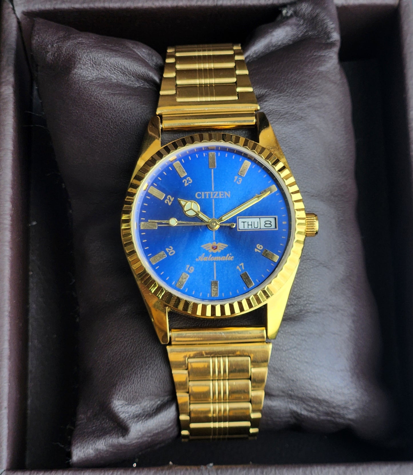 Vintage MOD Citizen Blue Face Automatic 21 Jewels Cal. 8200 35MM Fix Bezel Gold Plated Men's Wrist Watch I93