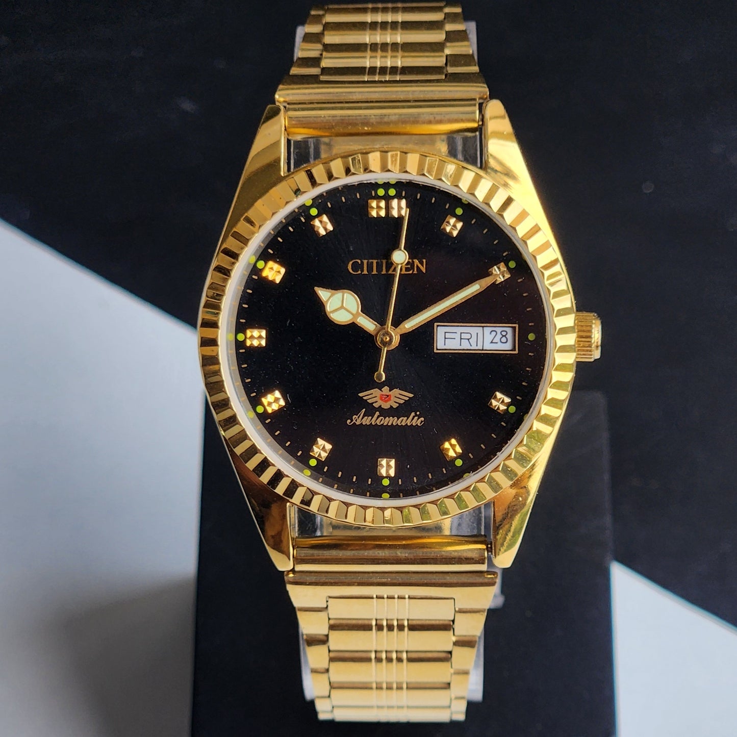 Vintage MOD Citizen Black Face Automatic 21 Jewels Cal. 8200 35MM Fix Bezel Gold Plated Men's Wrist Watch I94