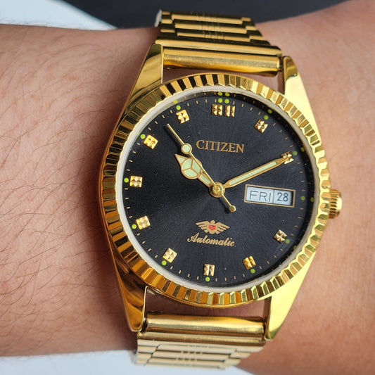 Vintage MOD Citizen Black Face Automatic 21 Jewels Cal. 8200 35MM Fix Bezel Gold Plated Men's Wrist Watch I94