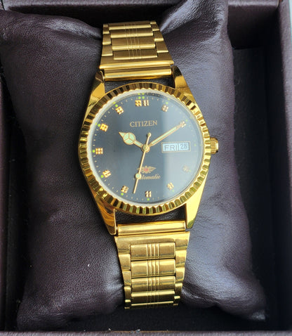 Vintage MOD Citizen Black Face Automatic 21 Jewels Cal. 8200 35MM Fix Bezel Gold Plated Men's Wrist Watch I94