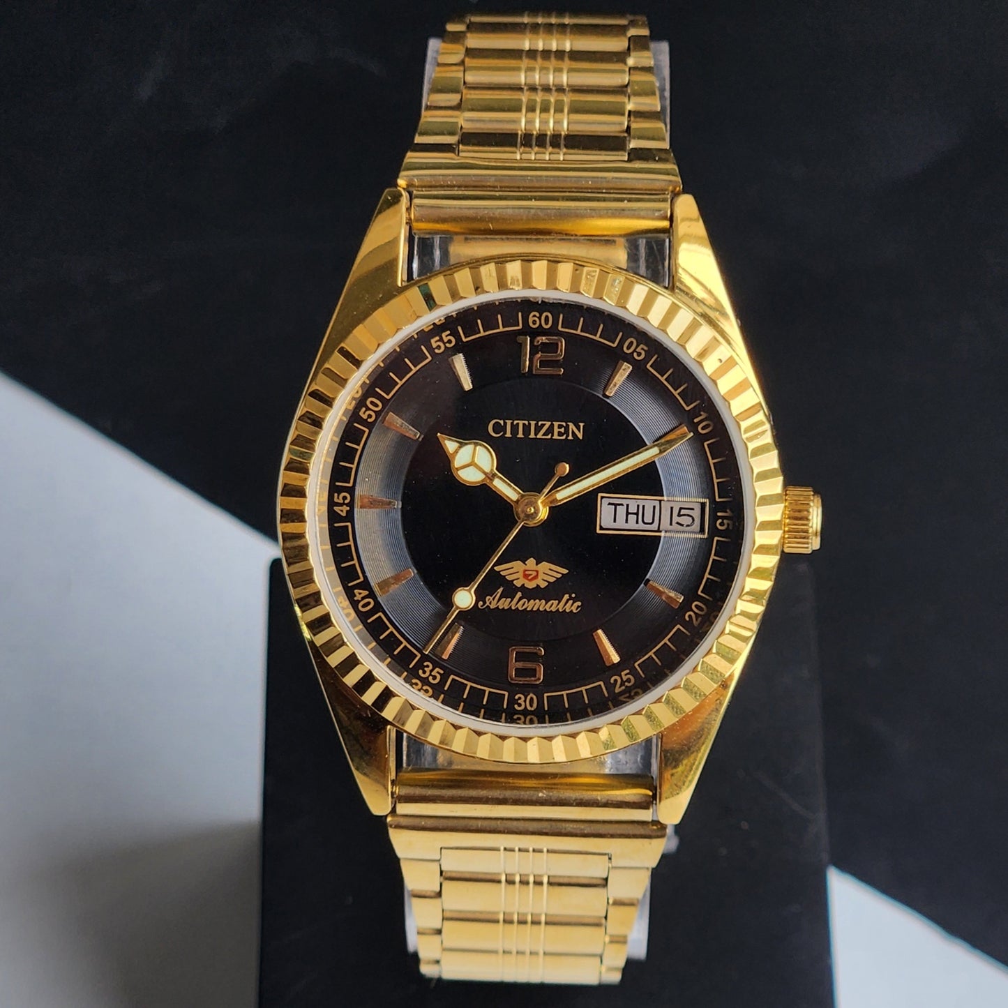 Vintage MOD Citizen Black Face Automatic 21 Jewels Cal. 8200 35MM Fix Bezel Gold Plated Men's Wrist Watch I96