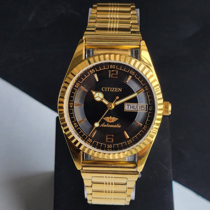 Vintage MOD Citizen Black Face Automatic 21 Jewels Cal. 8200 35MM Fix Bezel Gold Plated Men's Wrist Watch I96