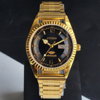 Vintage MOD Citizen Black Face Automatic 21 Jewels Cal. 8200 35MM Fix Bezel Gold Plated Men's Wrist Watch I96