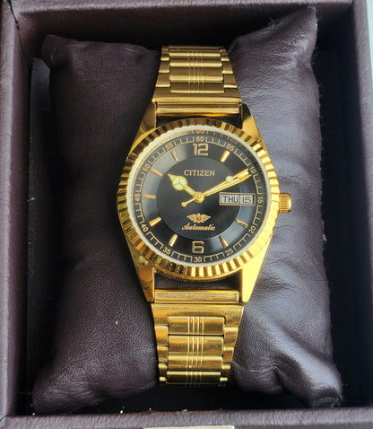 Vintage MOD Citizen Black Face Automatic 21 Jewels Cal. 8200 35MM Fix Bezel Gold Plated Men's Wrist Watch I96
