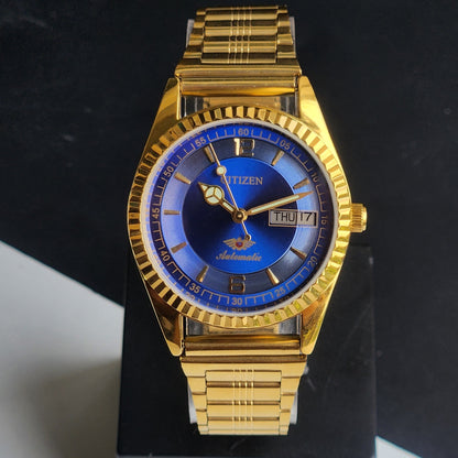 Vintage MOD Citizen Blue Face Automatic 21 Jewels Cal. 8200 35MM Fix Bezel Gold Plated Men's Wrist Watch I97