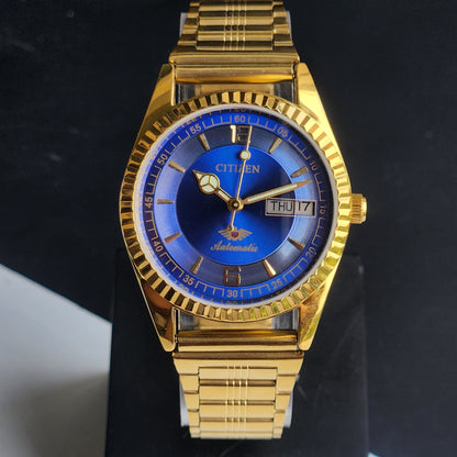Vintage MOD Citizen Blue Face Automatic 21 Jewels Cal. 8200 35MM Fix Bezel Gold Plated Men's Wrist Watch I97