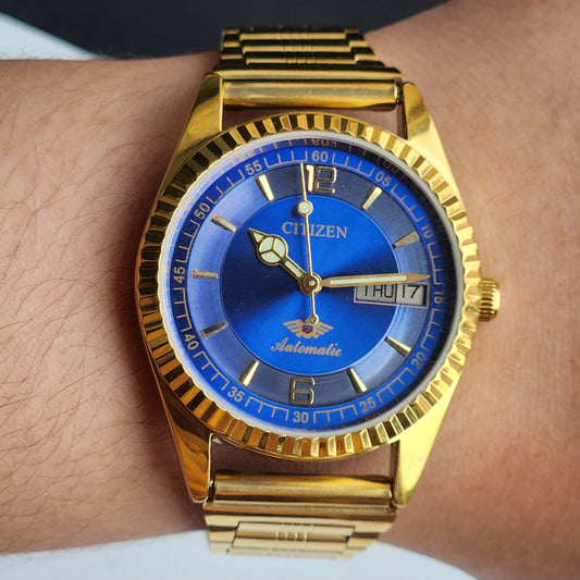 Vintage MOD Citizen Blue Face Automatic 21 Jewels Cal. 8200 35MM Fix Bezel Gold Plated Men's Wrist Watch I97