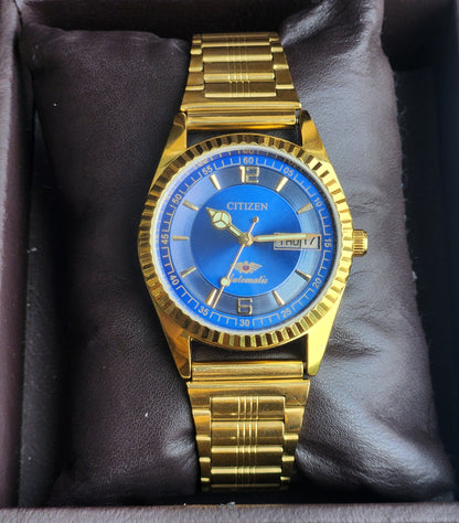 Vintage MOD Citizen Blue Face Automatic 21 Jewels Cal. 8200 35MM Fix Bezel Gold Plated Men's Wrist Watch I97