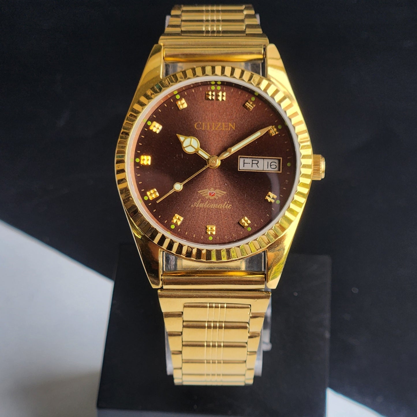 Vintage MOD Citizen Brown Face Automatic 21 Jewels Cal. 8200 35MM Fix Bezel Gold Plated Men's Wrist Watch I98