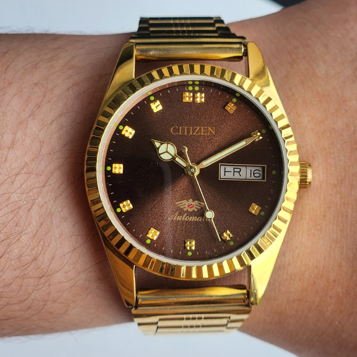 Vintage MOD Citizen Brown Face Automatic 21 Jewels Cal. 8200 35MM Fix Bezel Gold Plated Men's Wrist Watch I98