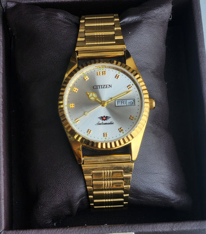 Vintage MOD Citizen Silver Face Automatic 21 Jewels Cal. 8200 35MM Fix Bezel Gold Plated Men's Wrist Watch I99