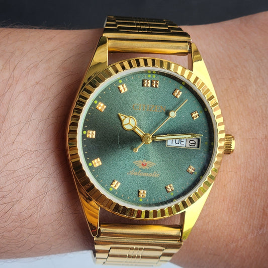 Vintage MOD Citizen Green Face Automatic 21 Jewels Cal. 8200 35MM Fix Bezel Gold Plated Men's Wrist Watch I100