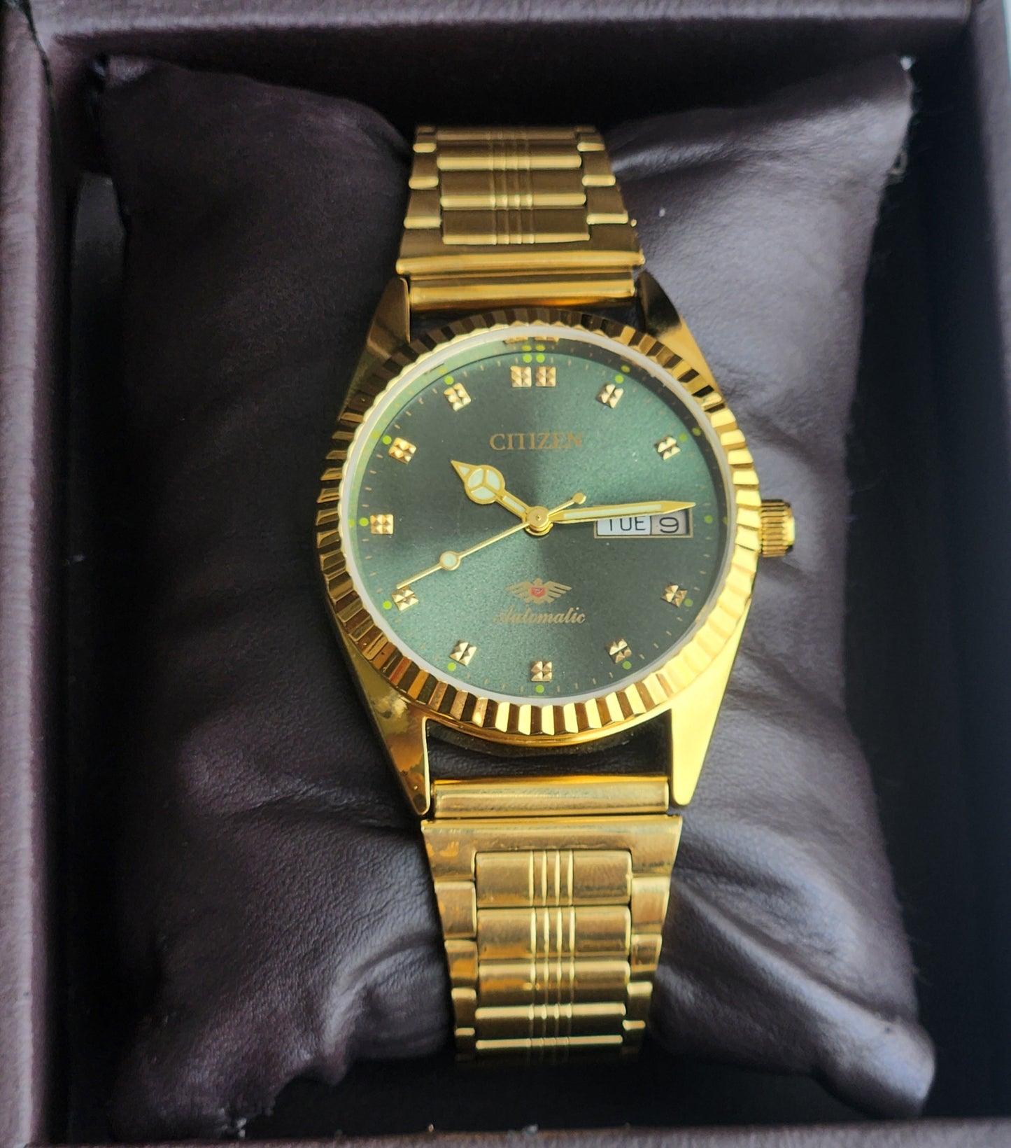 Vintage MOD Citizen Green Face Automatic 21 Jewels Cal. 8200 35MM Fix Bezel Gold Plated Men's Wrist Watch I100