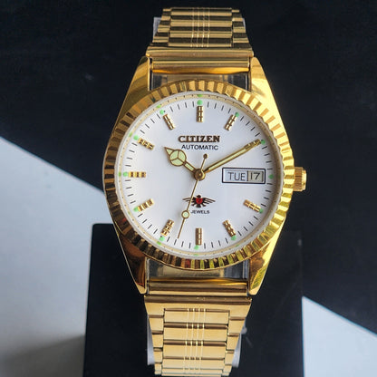 Vintage MOD Citizen White Face Automatic 21 Jewels Cal. 8200 35MM Fix Bezel Gold Plated Men's Wrist Watch J01