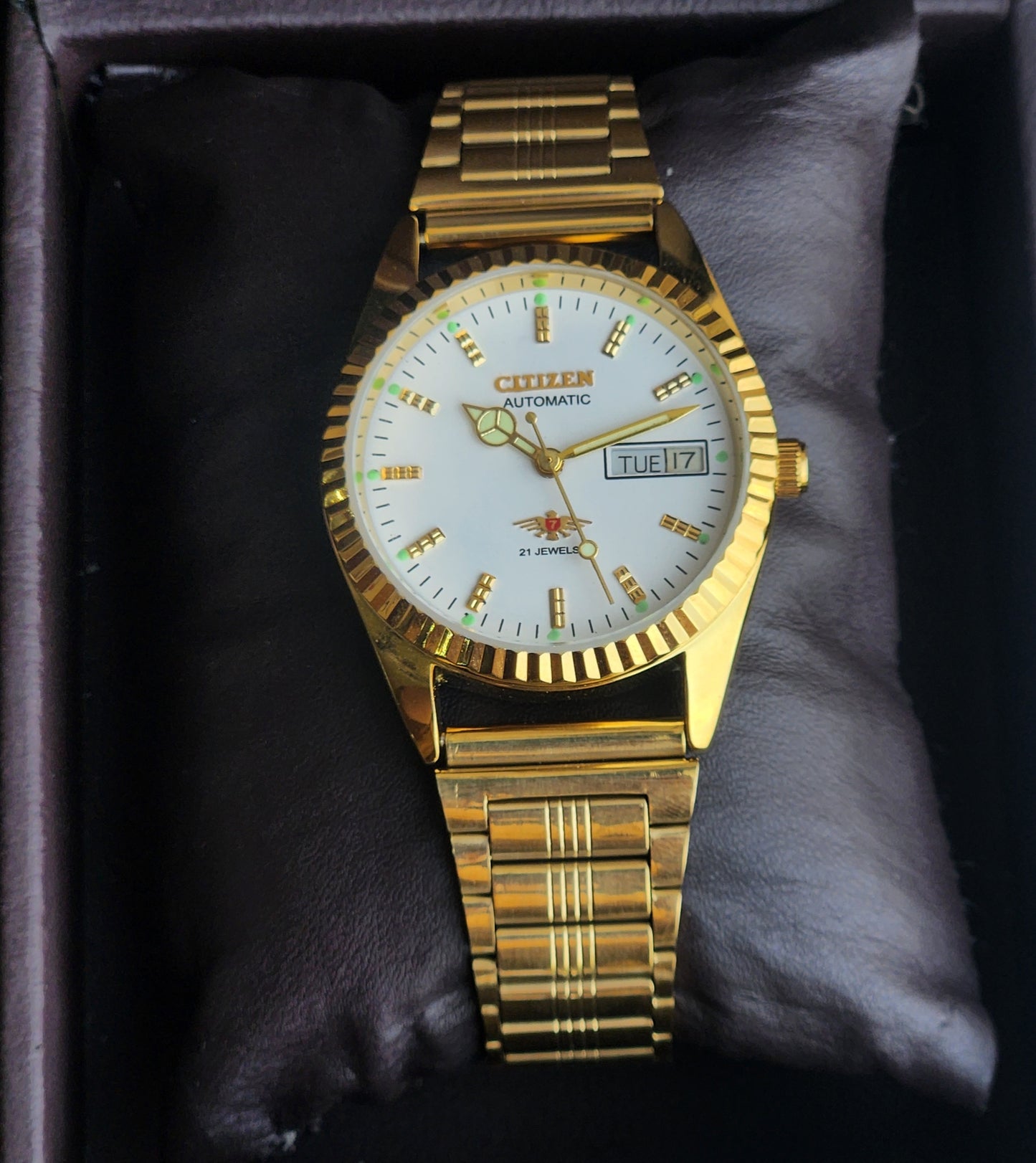 Vintage MOD Citizen White Face Automatic 21 Jewels Cal. 8200 35MM Fix Bezel Gold Plated Men's Wrist Watch J01