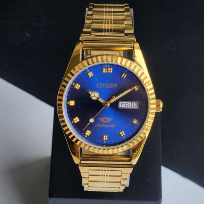 Vintage MOD Citizen Blue Face Automatic 21 Jewels Cal. 8200 35MM Fix Bezel Gold Plated Men's Wrist Watch J02