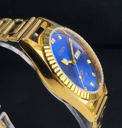 Vintage MOD Citizen Blue Face Automatic 21 Jewels Cal. 8200 35MM Fix Bezel Gold Plated Men's Wrist Watch J02