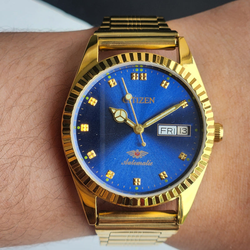 Vintage MOD Citizen Blue Face Automatic 21 Jewels Cal. 8200 35MM Fix Bezel Gold Plated Men's Wrist Watch J02
