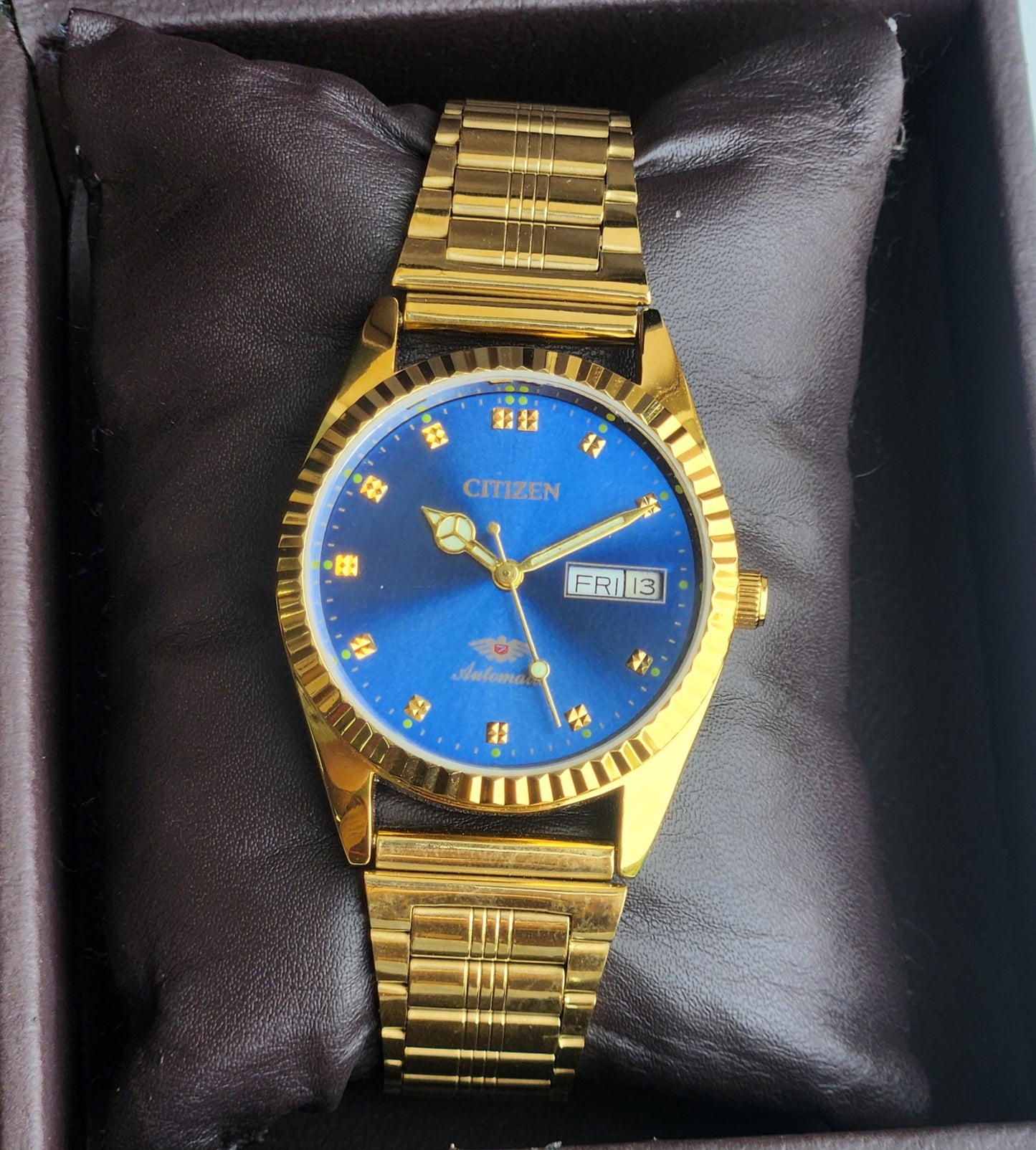 Vintage MOD Citizen Blue Face Automatic 21 Jewels Cal. 8200 35MM Fix Bezel Gold Plated Men's Wrist Watch J02