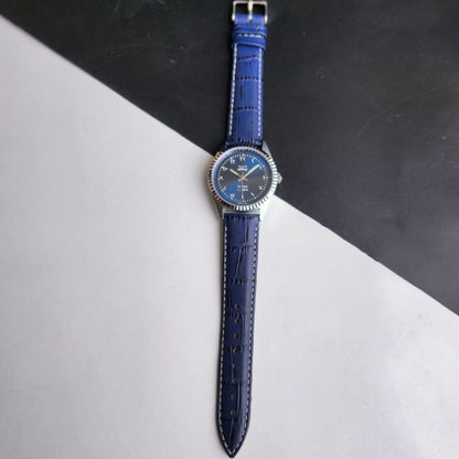 Vintage Mod HMT Kohinoor Devanagari Hand Winding 17 Jewels Blue Face Fluted Bezel Blue Croco Leather Strap Men's Wrist Watch J03