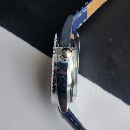 Vintage Mod HMT Kohinoor Devanagari Hand Winding 17 Jewels Blue Face Fluted Bezel Blue Croco Leather Strap Men's Wrist Watch J03