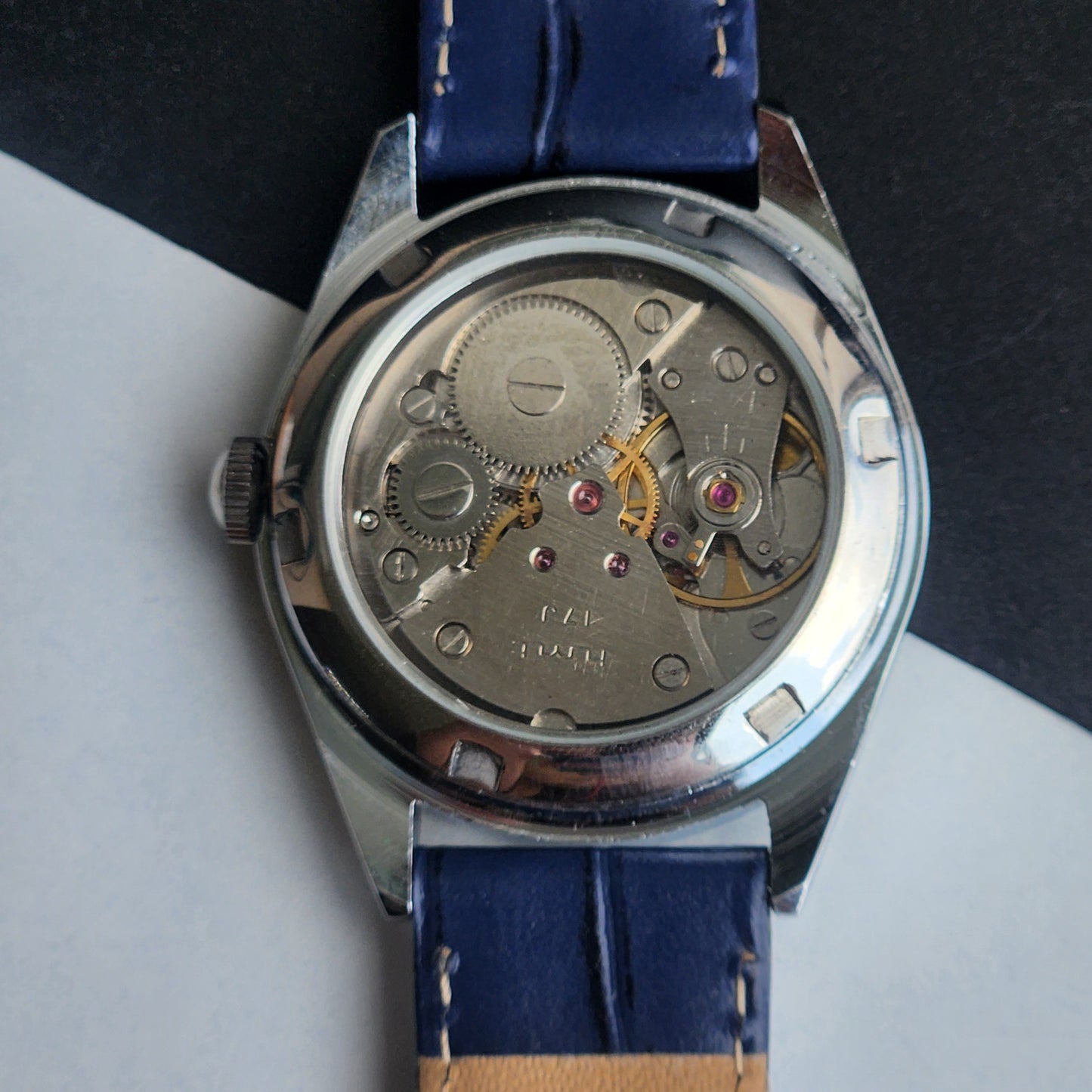 Vintage Mod HMT Kohinoor Devanagari Hand Winding 17 Jewels Blue Face Fluted Bezel Blue Croco Leather Strap Men's Wrist Watch J03