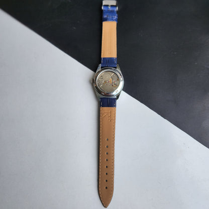 Vintage Mod HMT Kohinoor Devanagari Hand Winding 17 Jewels Blue Face Fluted Bezel Blue Croco Leather Strap Men's Wrist Watch J03