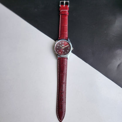 Vintage Mod HMT Kohinoor Devanagari Hand Winding 17 Jewels Red Face Fluted Bezel Red Croco Leather Strap Men's Wrist Watch J04
