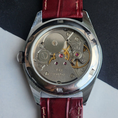 Vintage Mod HMT Kohinoor Devanagari Hand Winding 17 Jewels Red Face Fluted Bezel Red Croco Leather Strap Men's Wrist Watch J04