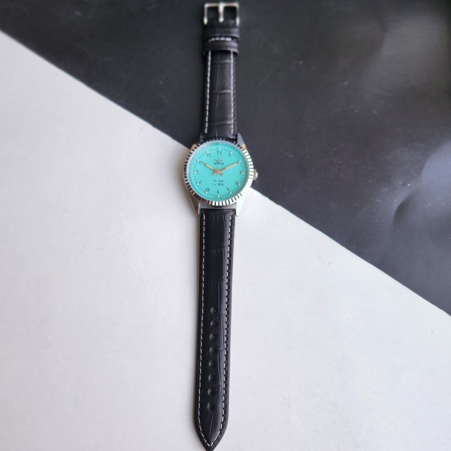 Vintage Mod HMT Kohinoor Devanagari Hand Winding 17 Jewels Sky Blue Face Fluted Bezel Black Croco Leather Strap Men's Wrist Watch J06