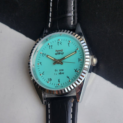 Vintage Mod HMT Kohinoor Devanagari Hand Winding 17 Jewels Sky Blue Face Fluted Bezel Black Croco Leather Strap Men's Wrist Watch J06