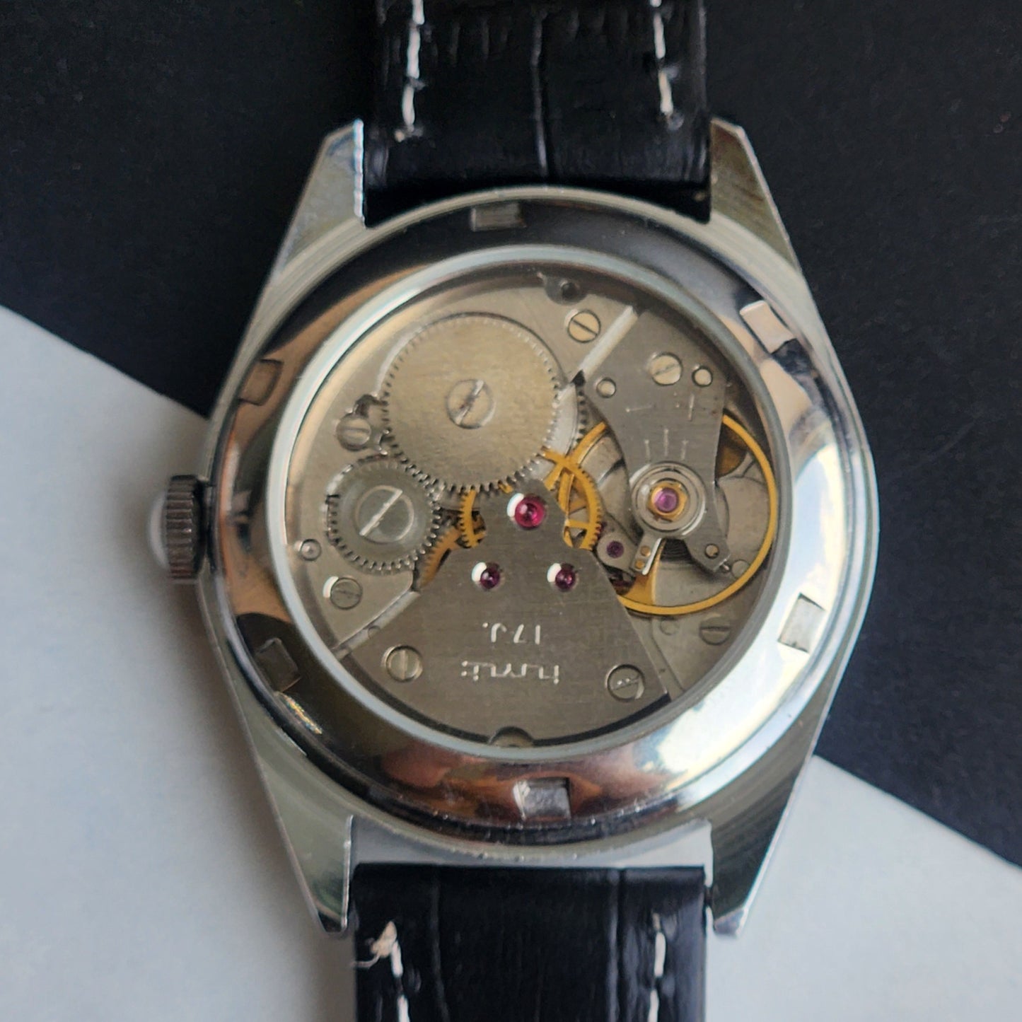 Vintage Mod HMT Kohinoor Devanagari Hand Winding 17 Jewels Sky Blue Face Fluted Bezel Black Croco Leather Strap Men's Wrist Watch J06