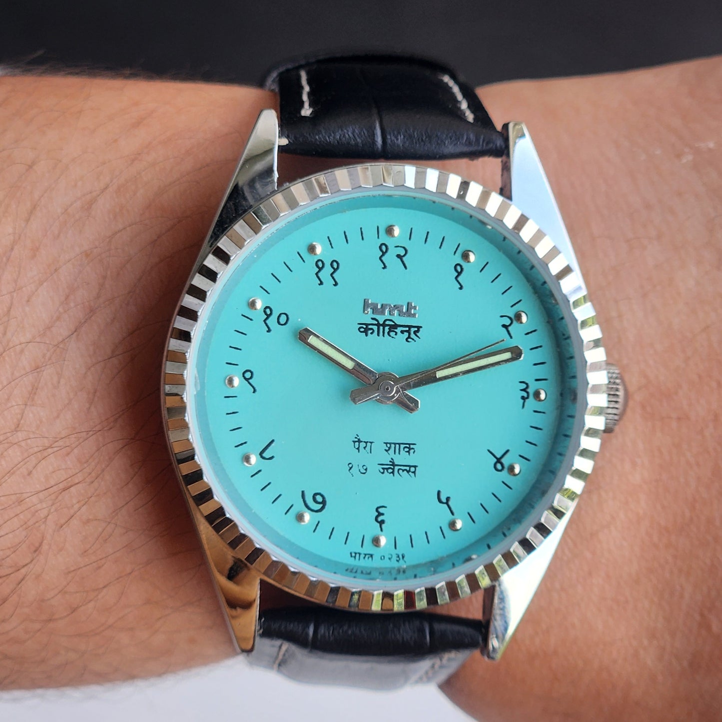 Vintage Mod HMT Kohinoor Devanagari Hand Winding 17 Jewels Sky Blue Face Fluted Bezel Black Croco Leather Strap Men's Wrist Watch J06