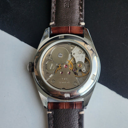 Vintage Mod HMT Kohinoor Devanagari Hand Winding 17 Jewels Yellow Face Fluted Bezel Brown Croco Leather Strap Men's Wrist Watch J07