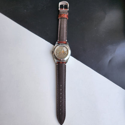 Vintage Mod HMT Kohinoor Devanagari Hand Winding 17 Jewels Yellow Face Fluted Bezel Brown Croco Leather Strap Men's Wrist Watch J07