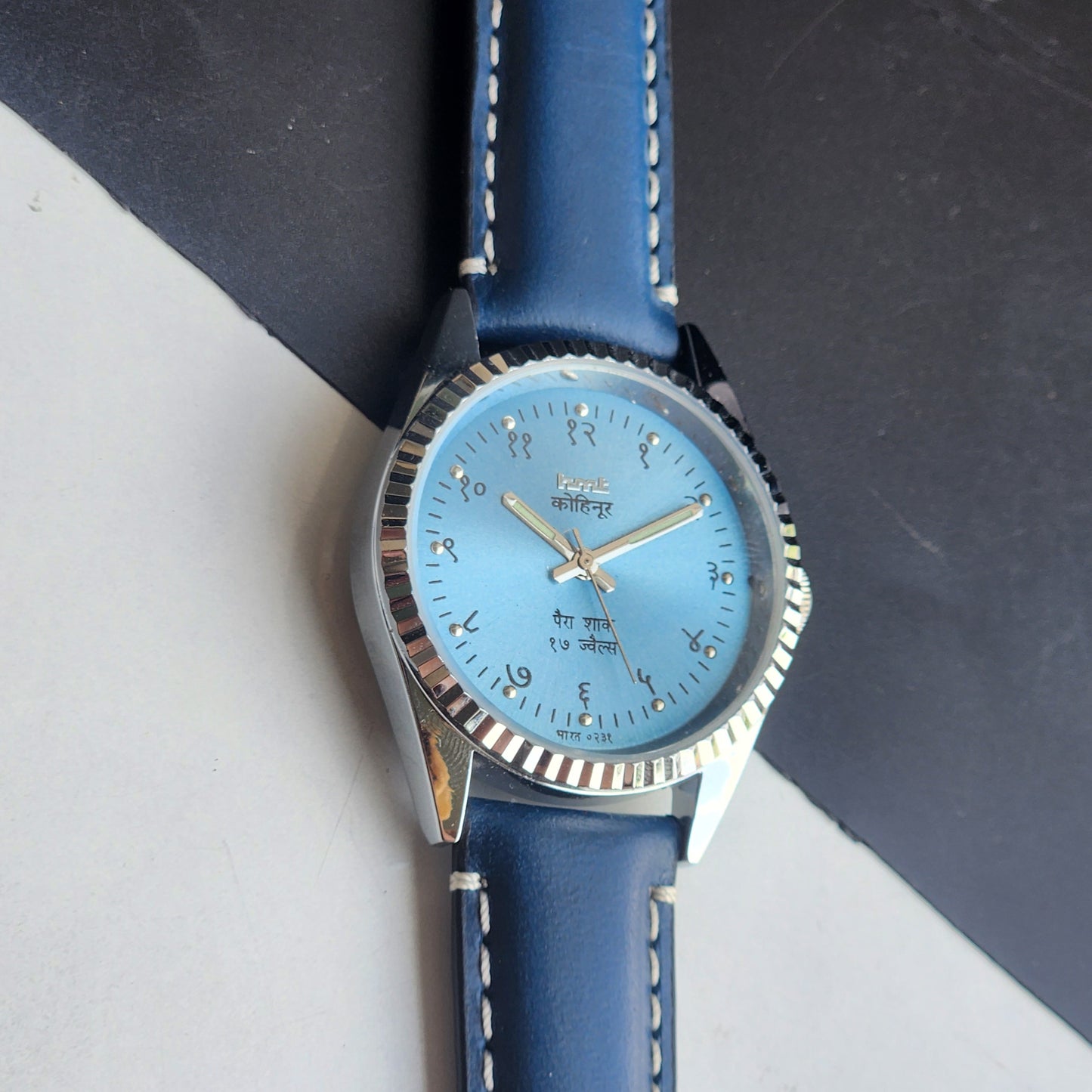 Vintage Mod HMT Kohinoor Devanagari Hand Winding 17 Jewels Sky Blue Face Fluted Bezel Blue Leather Strap Men's Wrist Watch J08