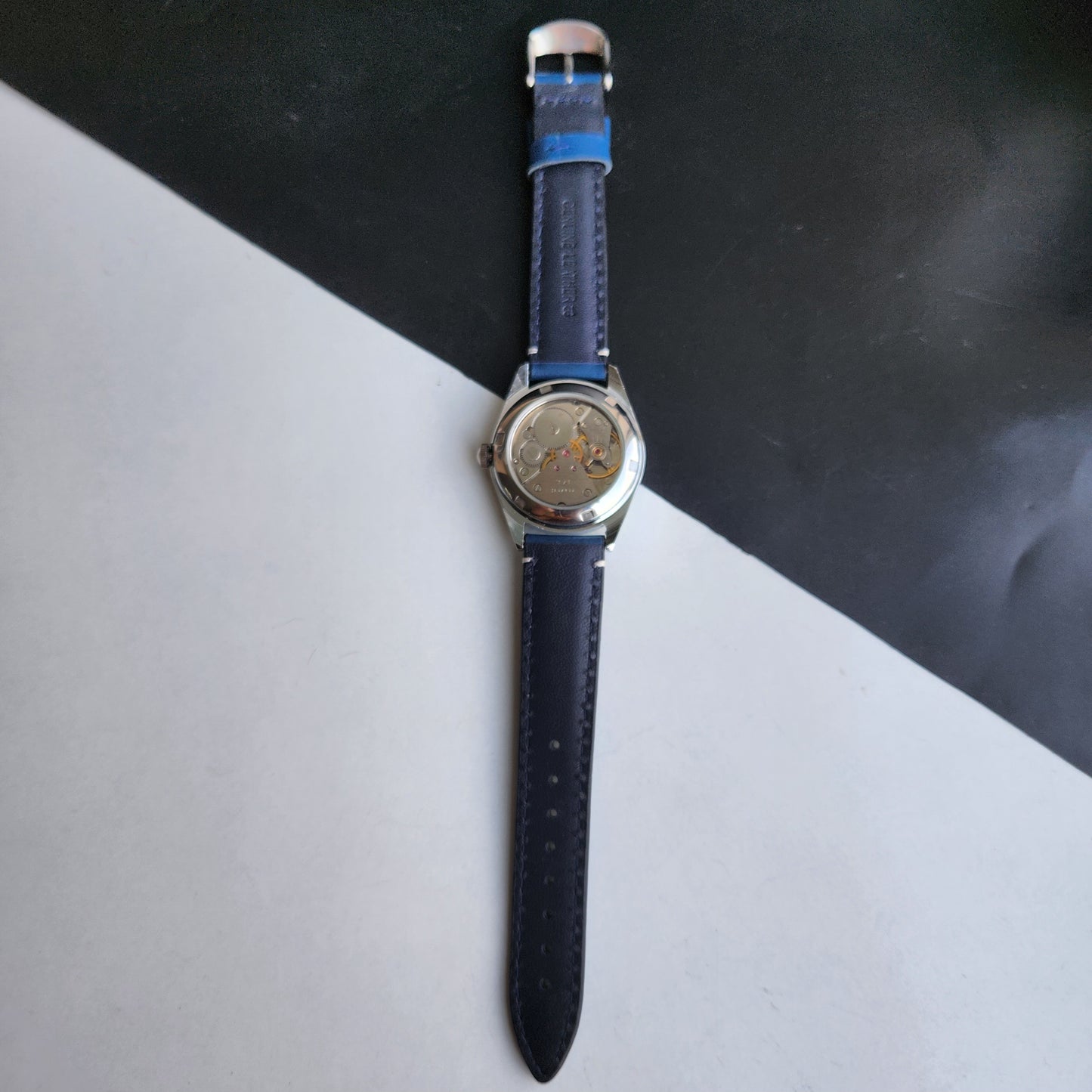 Vintage Mod HMT Kohinoor Devanagari Hand Winding 17 Jewels Sky Blue Face Fluted Bezel Blue Leather Strap Men's Wrist Watch J08