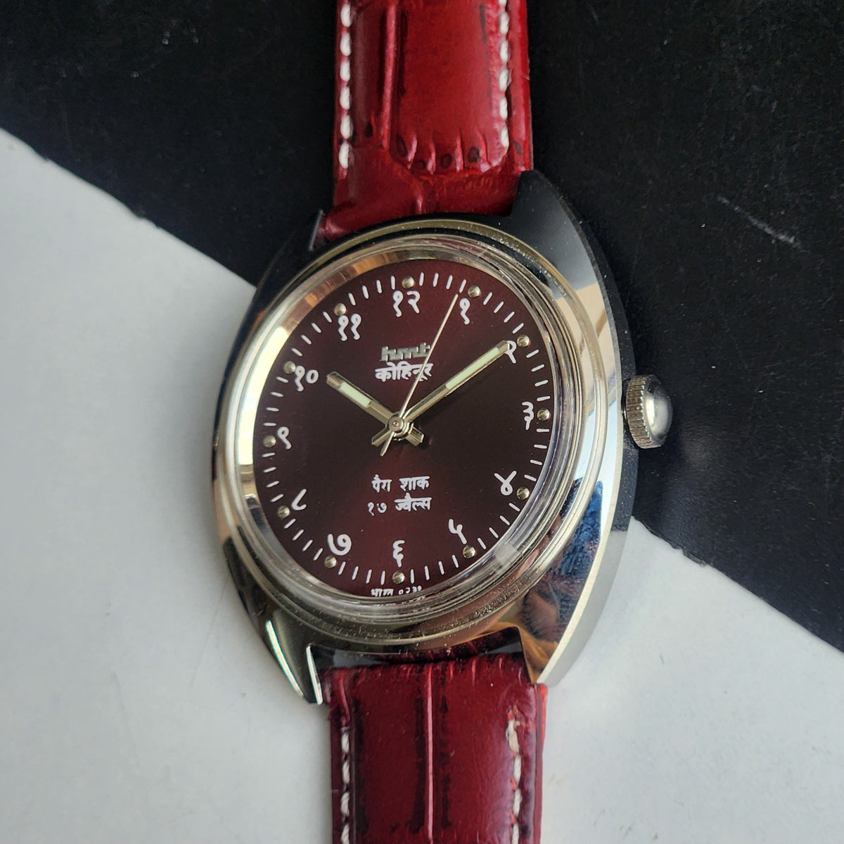 Vintage Mod HMT Kohinoor Devanagari Hand Winding 17 Jewels Red Face Red Croco Leather Strap Men's Wrist Watch J10