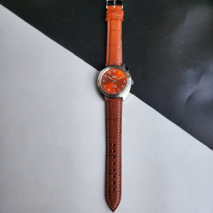 Vintage Mod HMT Kohinoor Devanagari Hand Winding 17 Jewels Orange Face Tan Croco Leather Strap Men's Wrist Watch J11