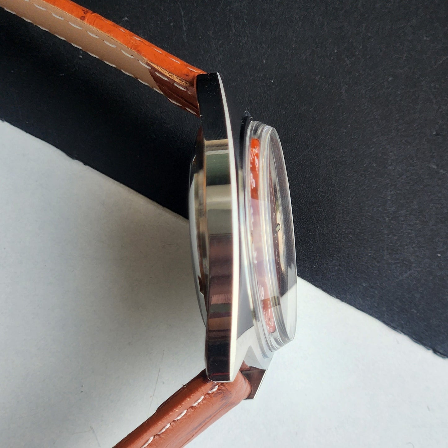Vintage Mod HMT Kohinoor Devanagari Hand Winding 17 Jewels Orange Face Tan Croco Leather Strap Men's Wrist Watch J11