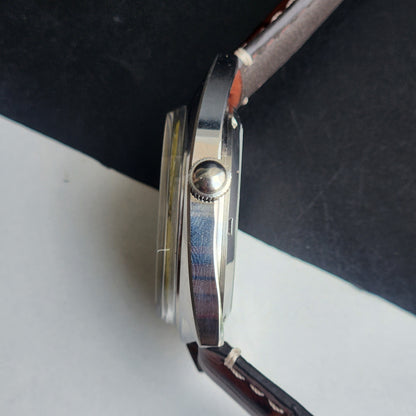Vintage Mod HMT Kohinoor Devanagari Hand Winding 17 Jewels Yellow Face Brown Croco Leather Strap Men's Wrist Watch J12
