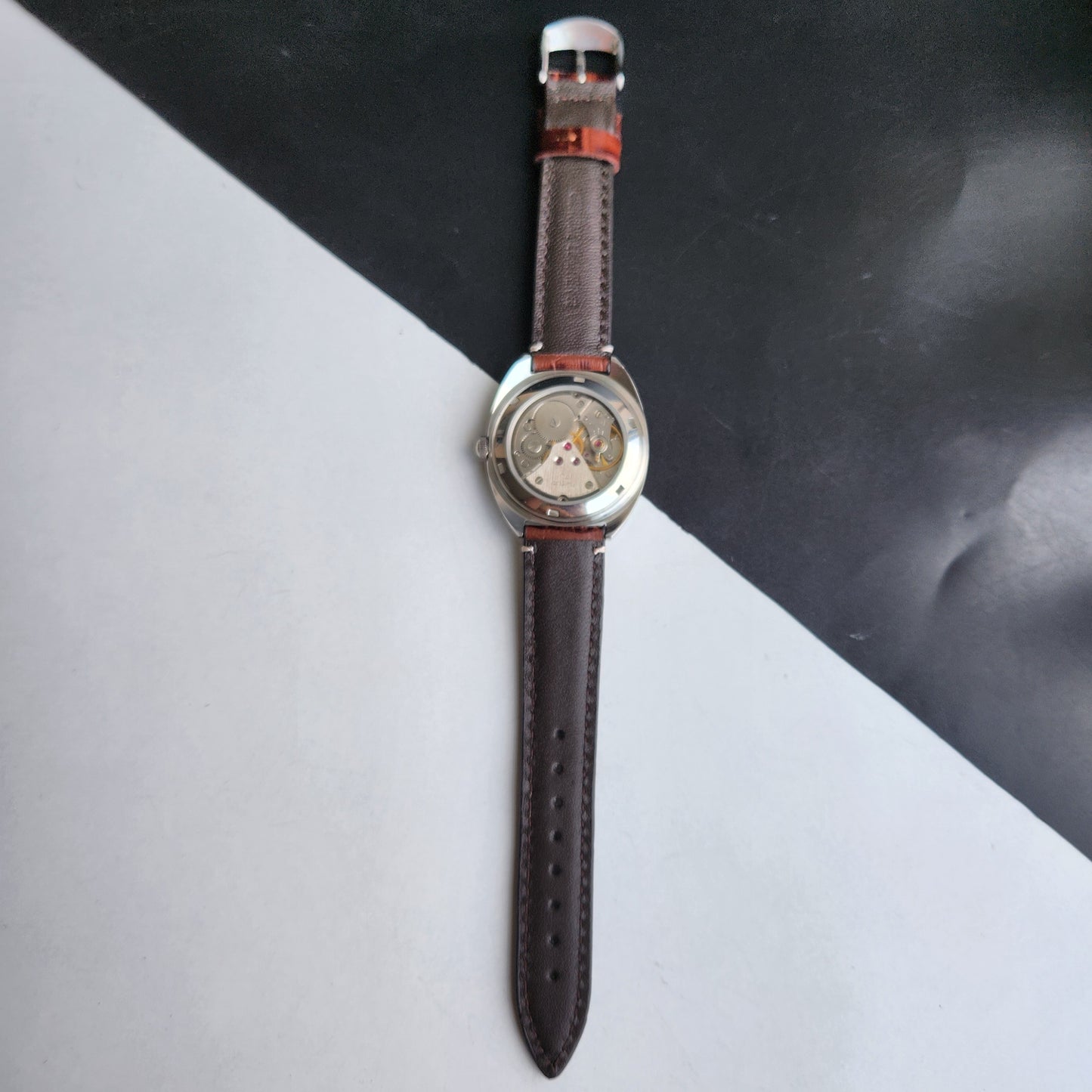 Vintage Mod HMT Kohinoor Devanagari Hand Winding 17 Jewels Yellow Face Brown Croco Leather Strap Men's Wrist Watch J12